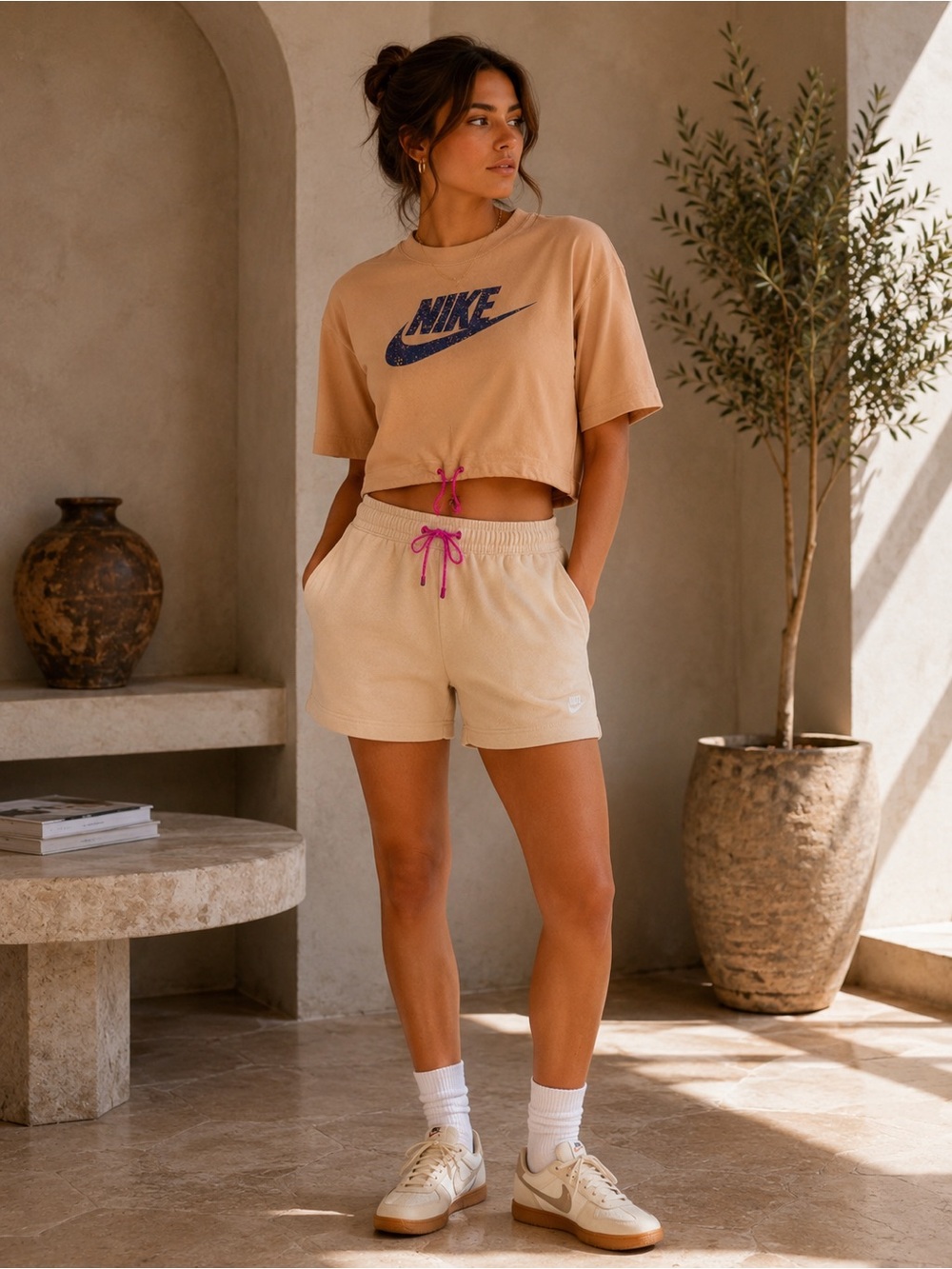 Nike Tan Cropped Logo Tee with Drawstring